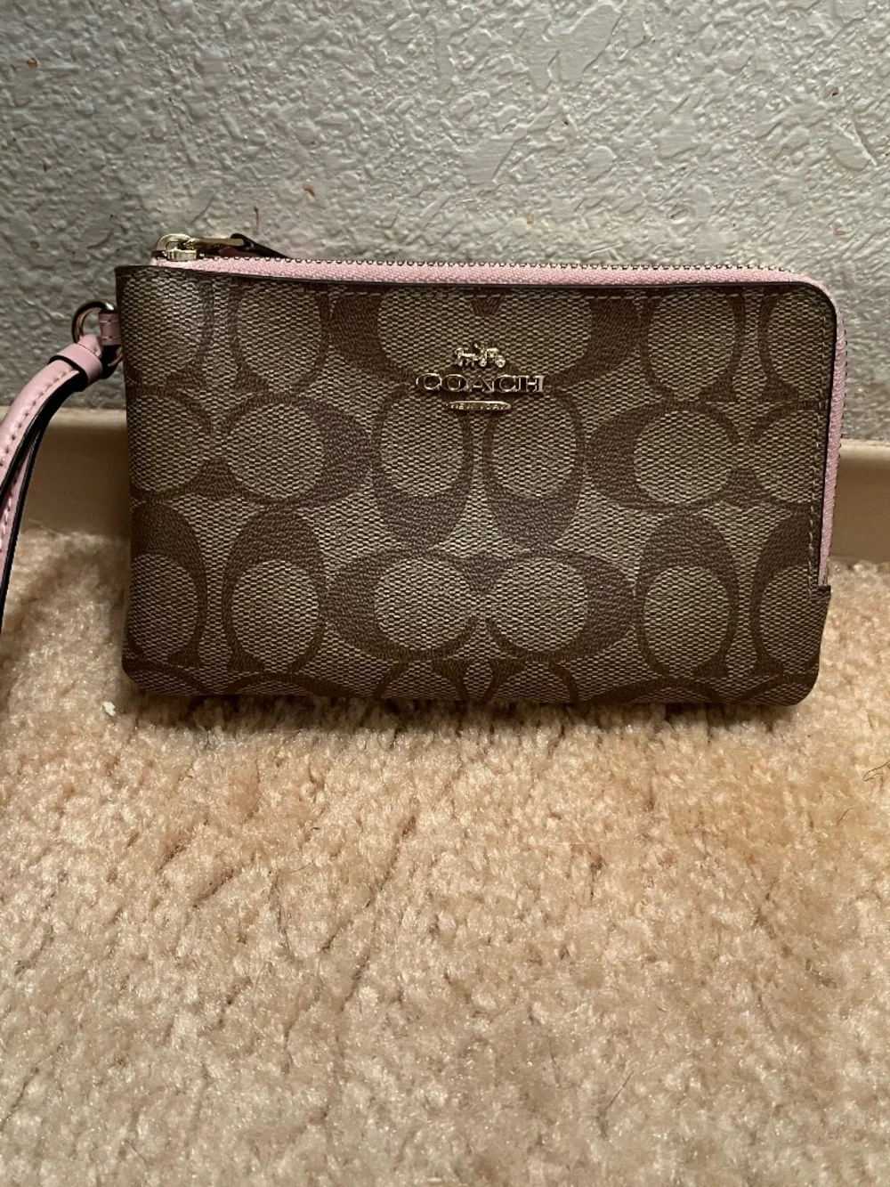 Coach Double Corner Zip Wristlet Wallet In Khaki/Pink Signature Canvas